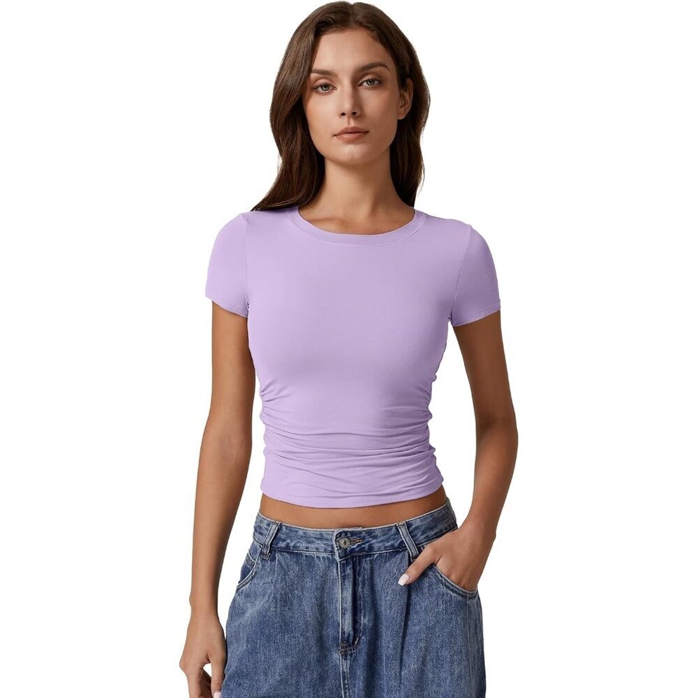 Women's Crop Tops Pink Short Sleeve Classic Y2K Round Neck Side Ruched Pleated - Picture 4 of 6